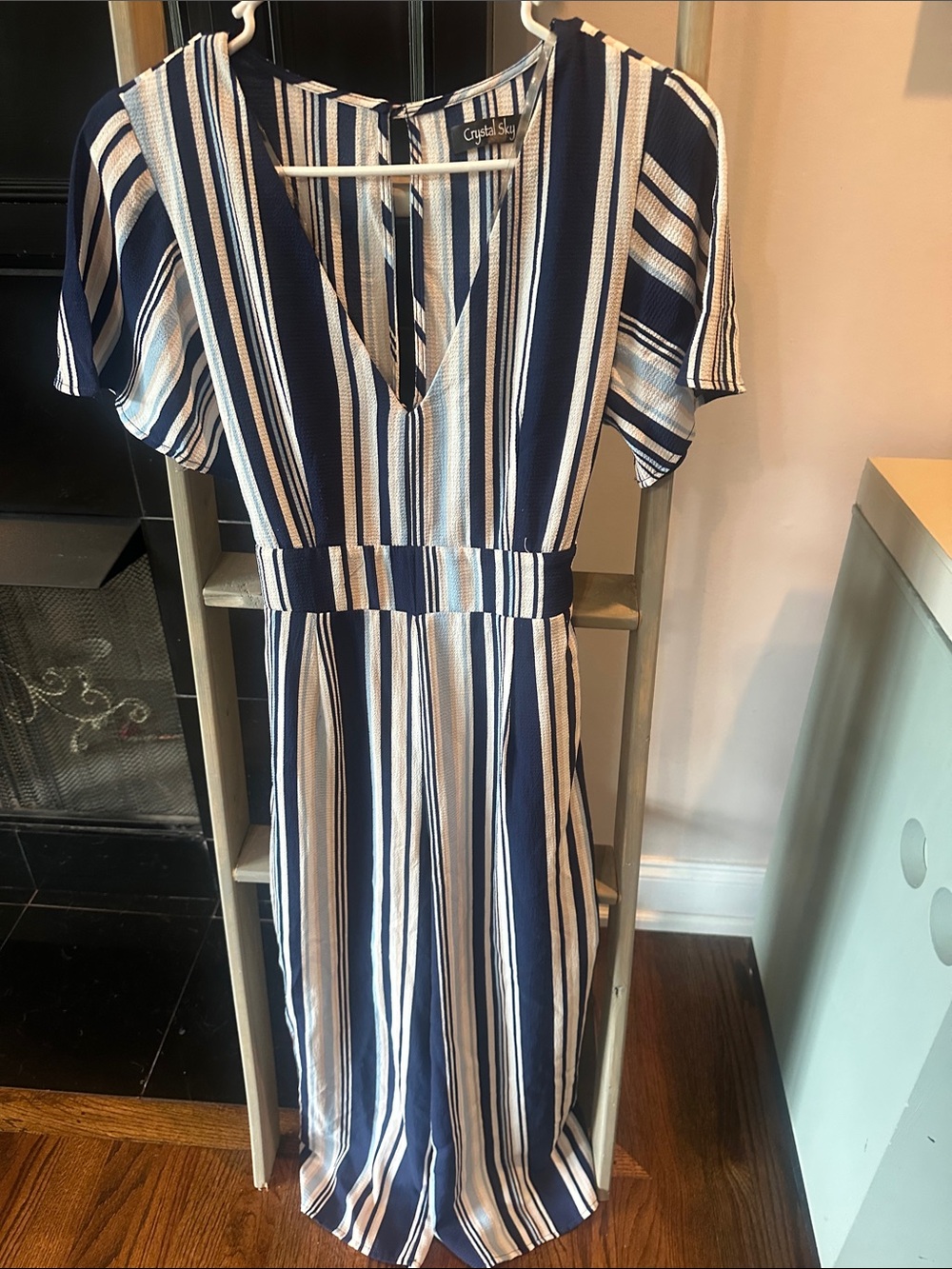 Striped V-Neck Navy & White Jumpsuit by Crystal Sky